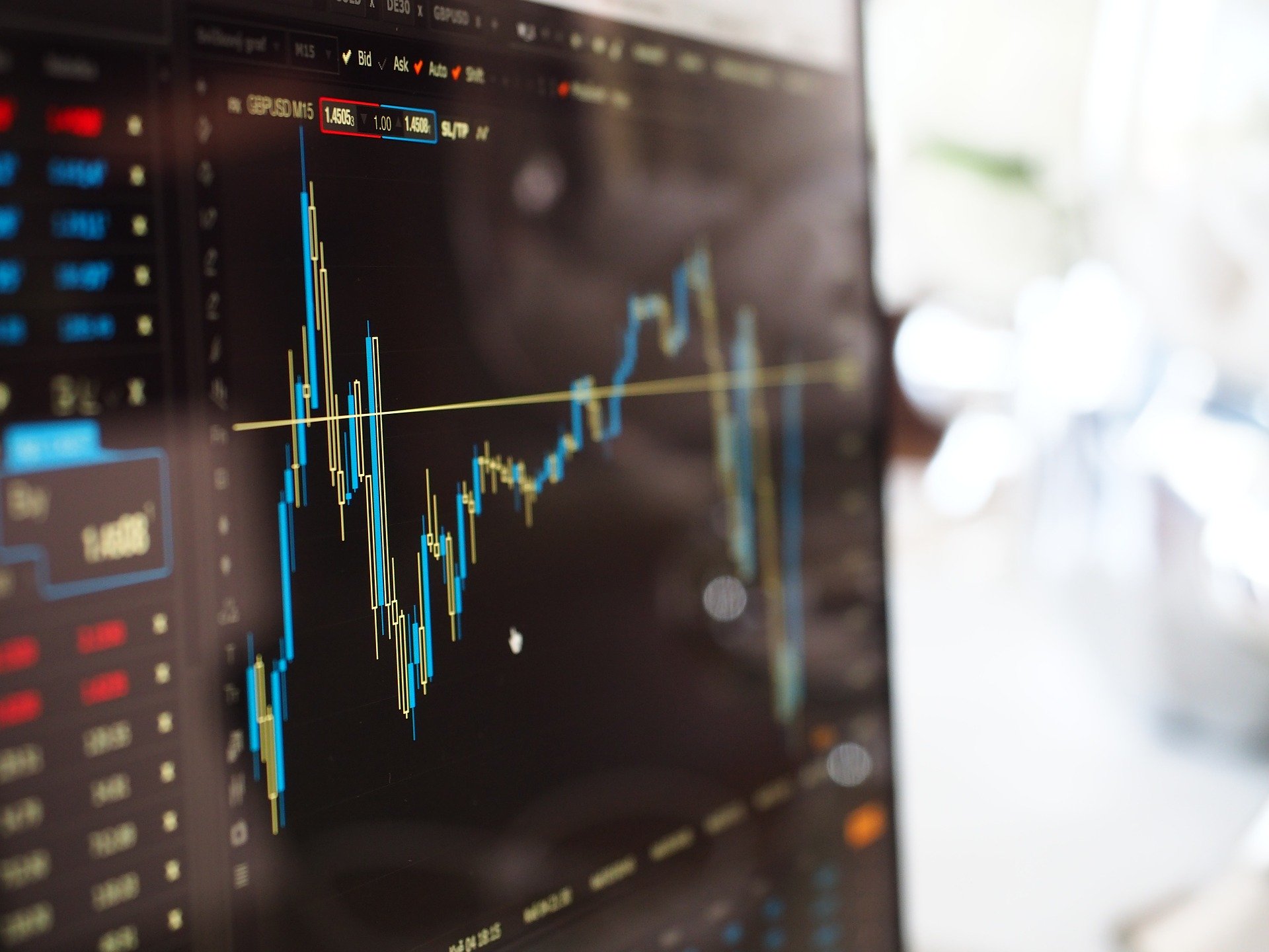 Close-up of a computer screen displaying a financial stock chart with blue and yellow lines representing market data. The background is blurred, emphasizing the focus on the fluctuating graph and numerical details on the dark screen.