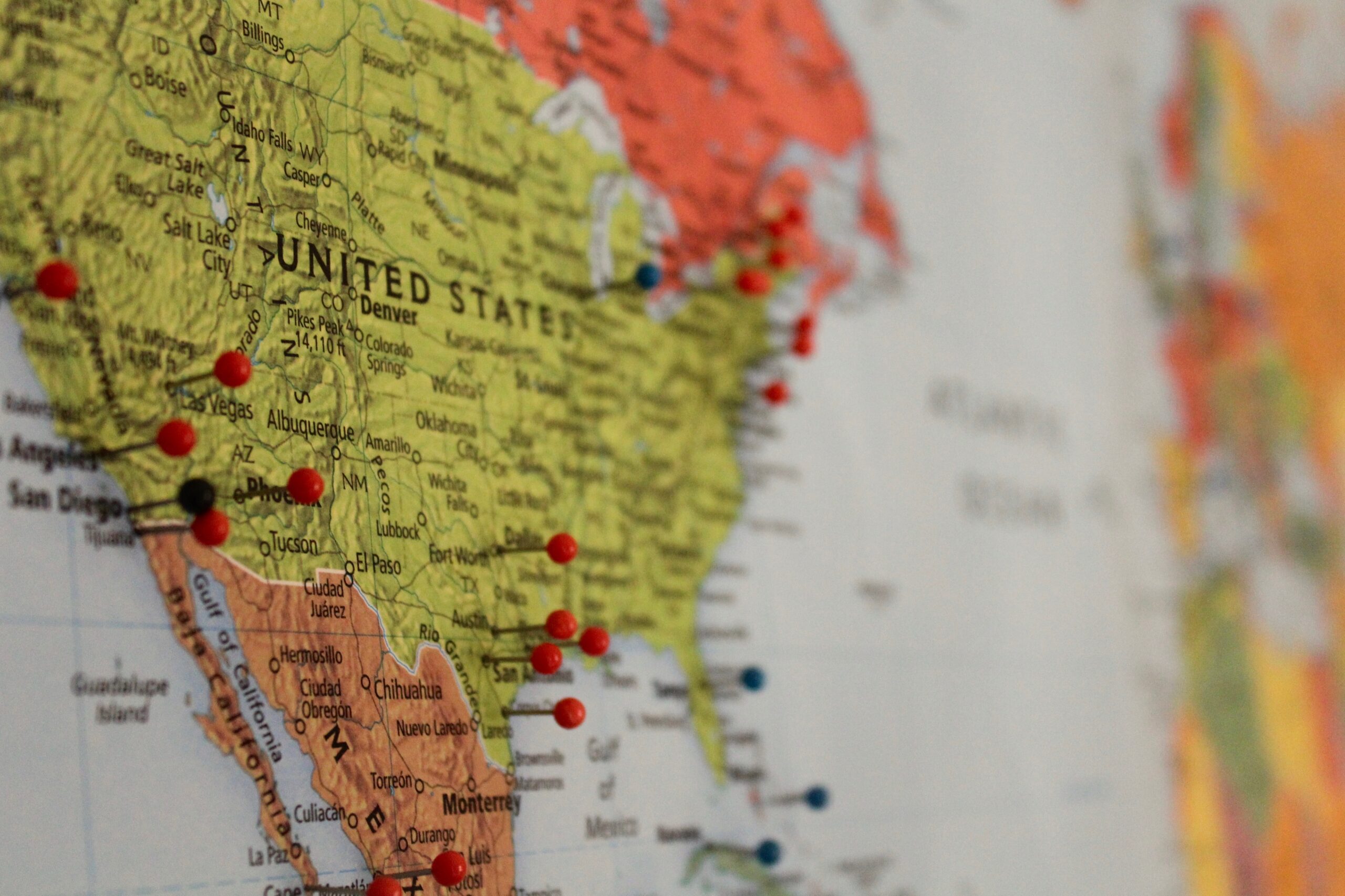 A map of the United States and parts of Mexico, with several red pins marking various locations across the southwestern states and northern Mexico, highlights prime spots for those considering relocating. The focus is on Texas and the surrounding areas.