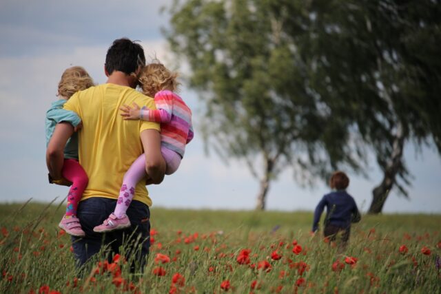A man in a yellow shirt, enjoying his custody time, carries two young girls through a field of red flowers while a boy runs ahead. The sky is cloudy, and trees bend slightly in the breeze.