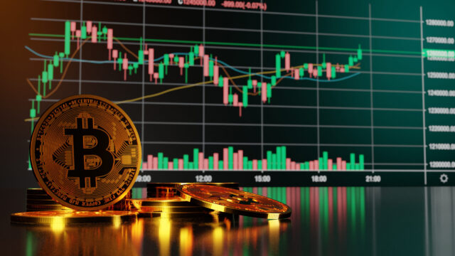 Golden Bitcoin coins are stacked in the foreground, symbolizing the complexities of cryptocurrency. In the background, a digital market chart displays a candlestick graph with green and red bars on a dark screen, much like navigating a tumultuous cryptocurrency divorce.