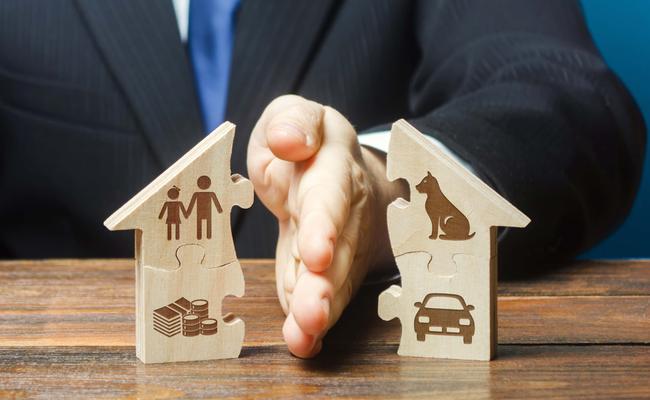 An attorneys hand placed between 2 pieces of wood shaped like a home; Suffolk County Marital Property Attorney concept image